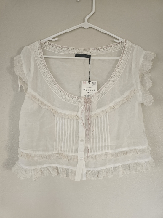 Zara Tops - NWT Zara White Lace-Trim Button Front Blouse